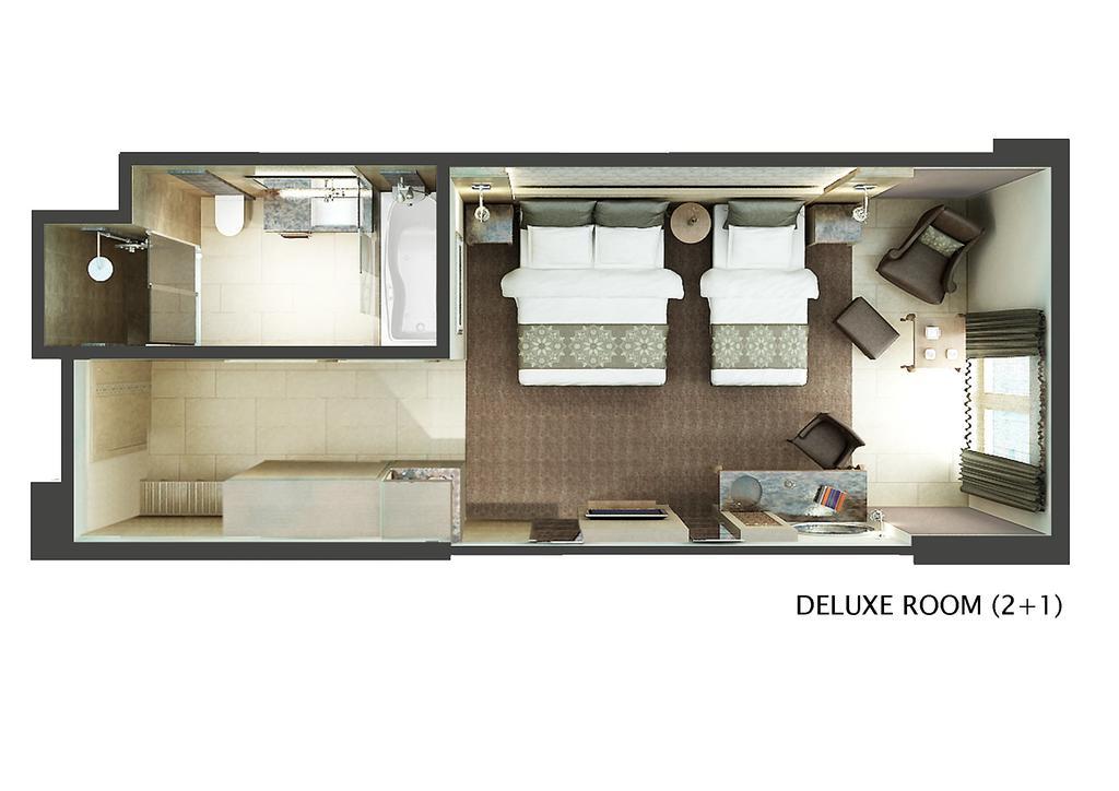 Dreibettzimmer mit Poolblick